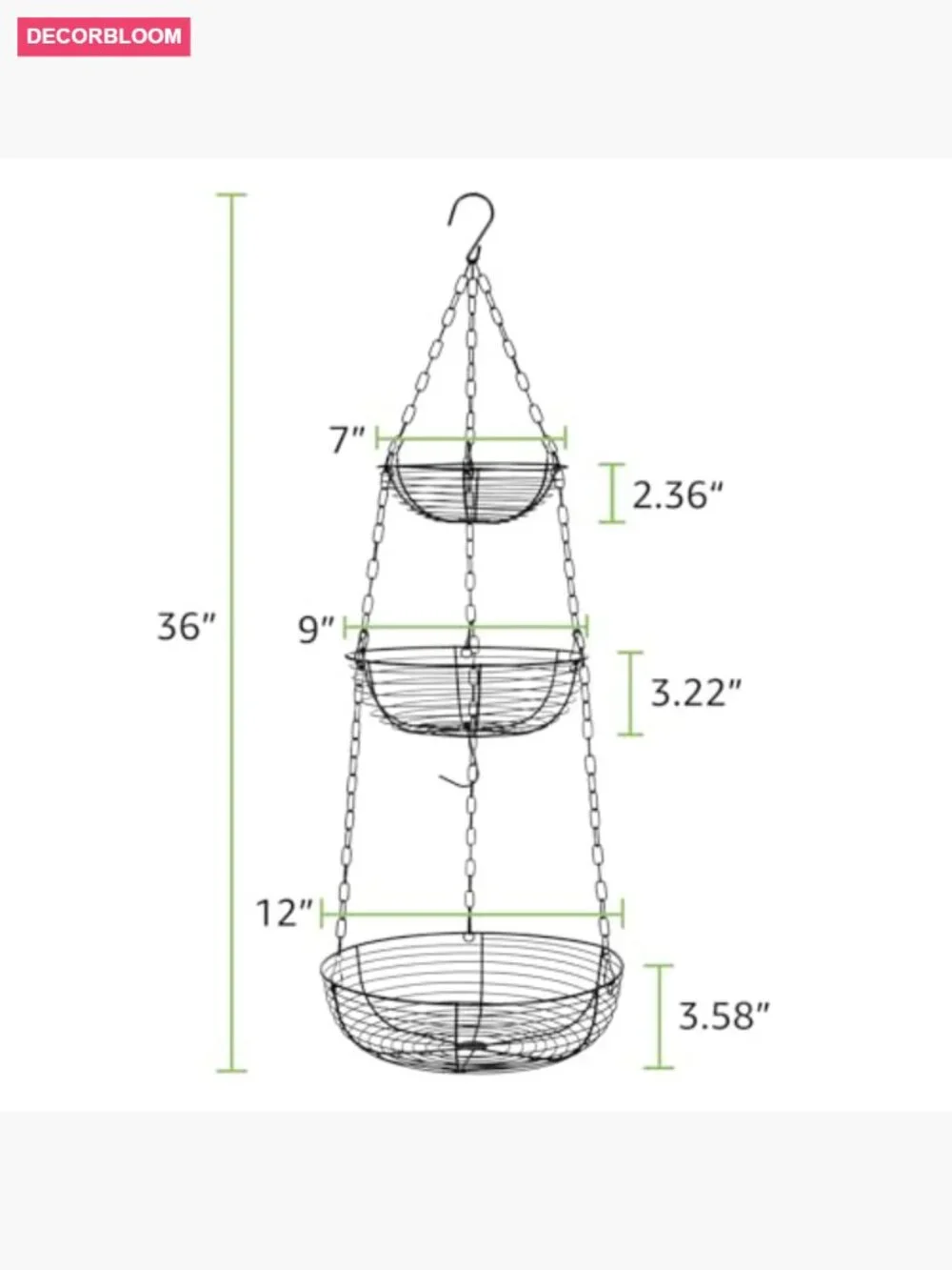3 Tier Hanging Fruit Basket with Banana Hook, Heavy Duty Wire Kitchen Storage